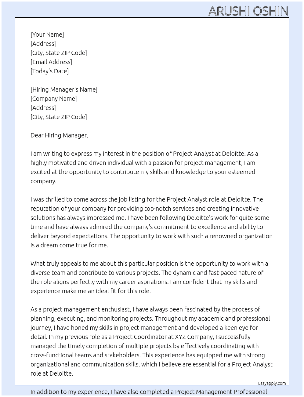 Project Analyst At Deloitte Cover Letter