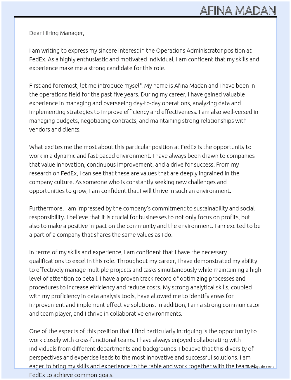 Operations Administrator At FedEx Cover Letter