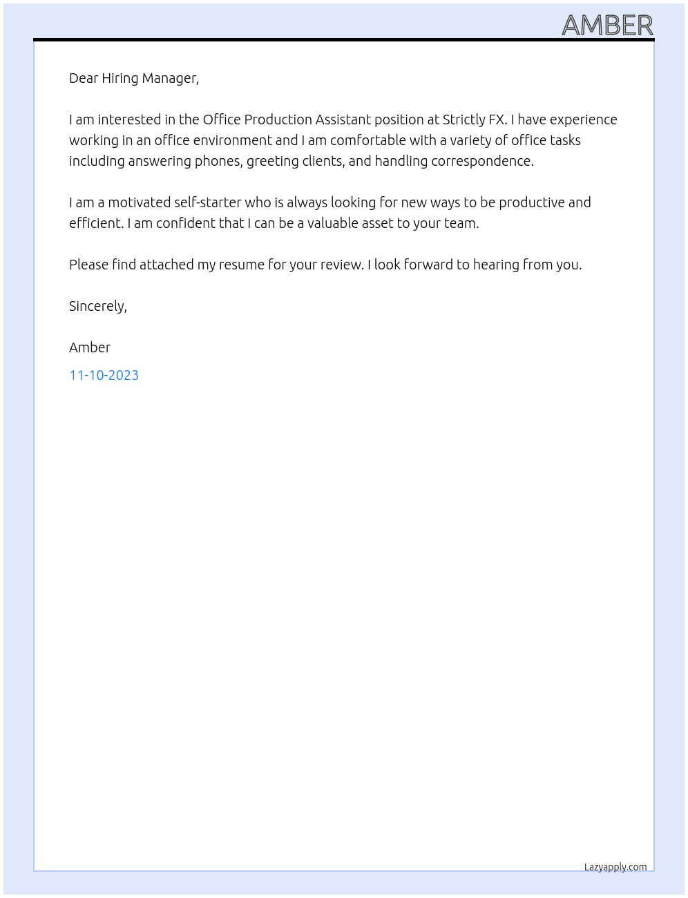 Office Production Assistant  At Strictly FX Cover Letter
