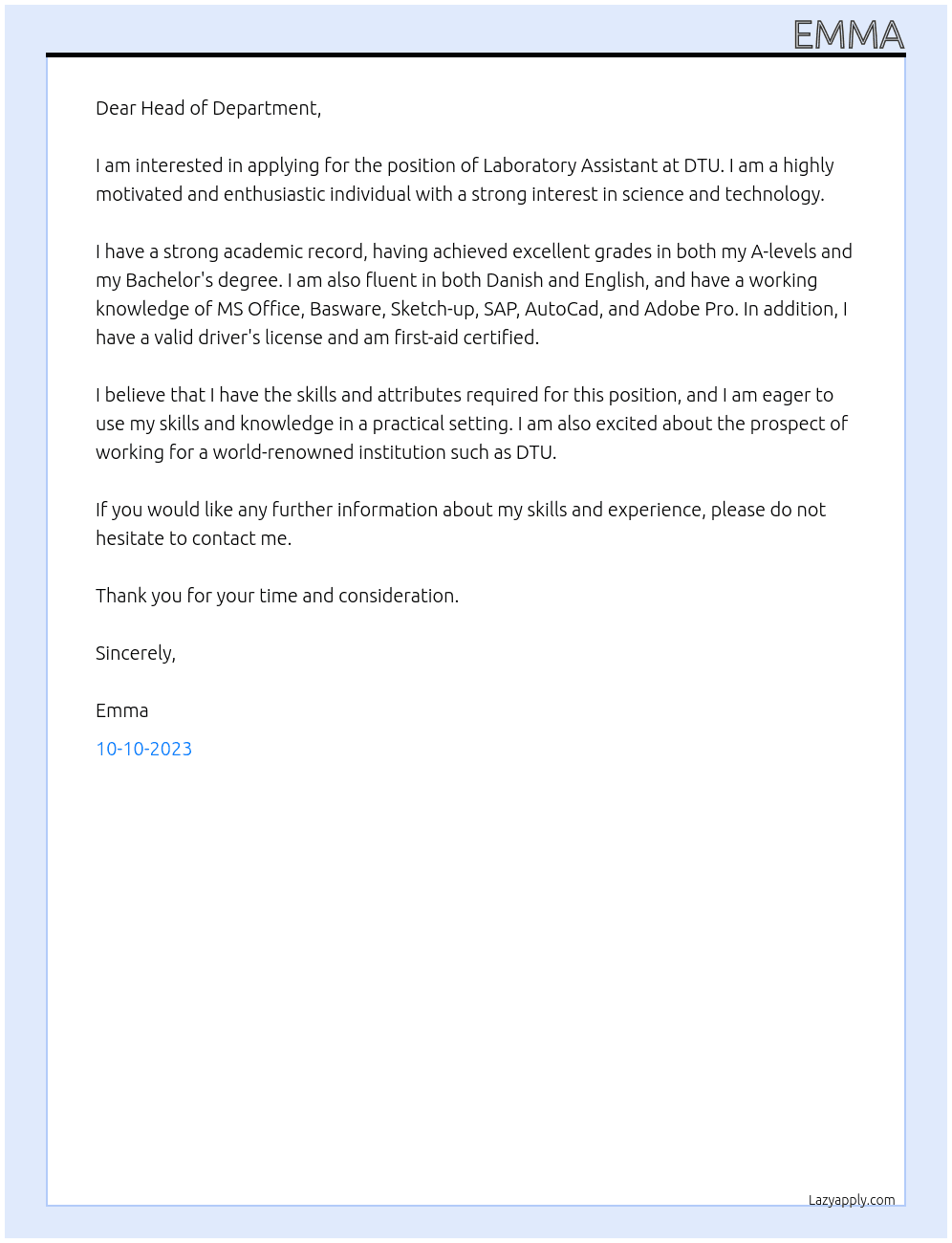 Laboratory assisant At DTU Cover Letter