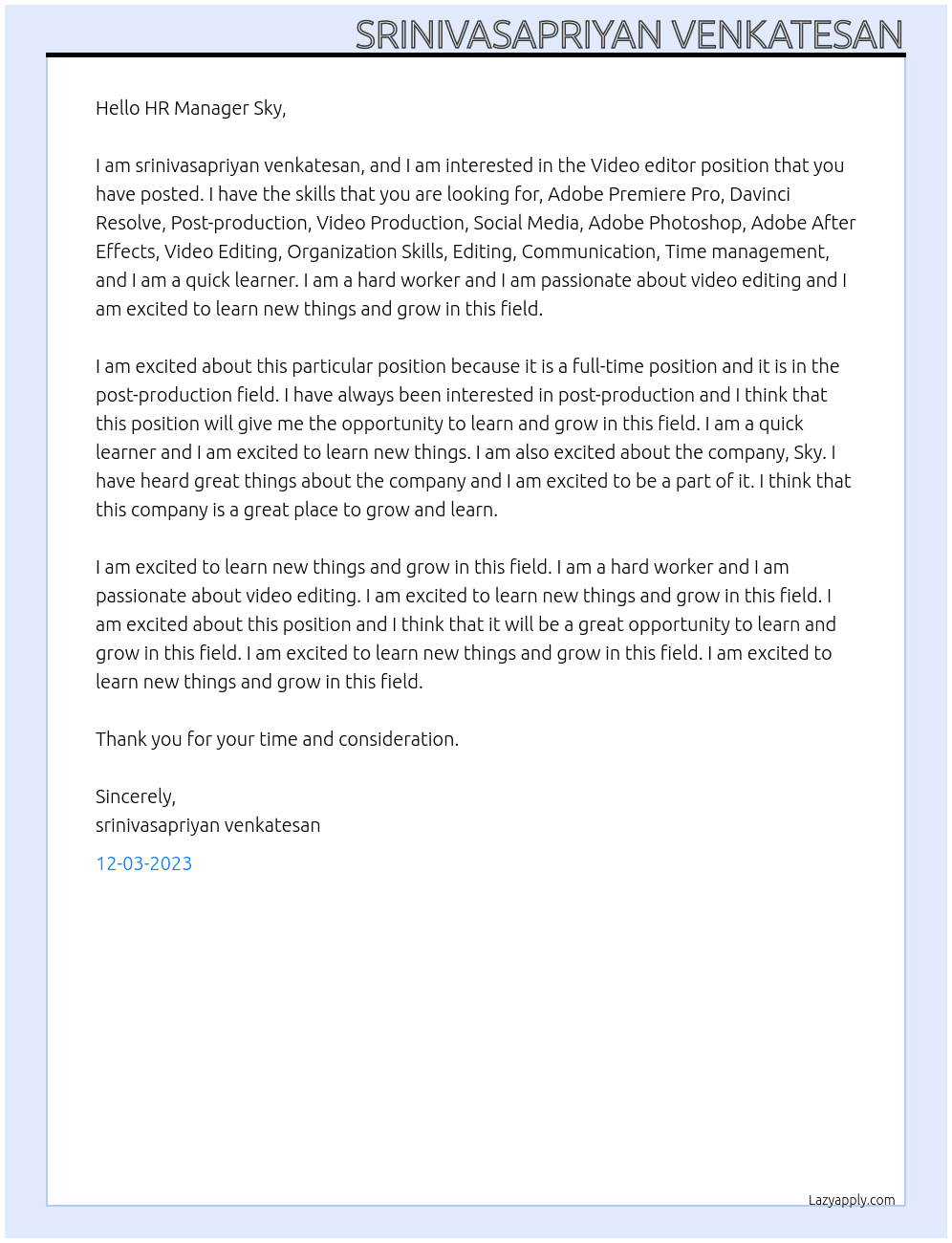 Video editor At SKY Cover Letter