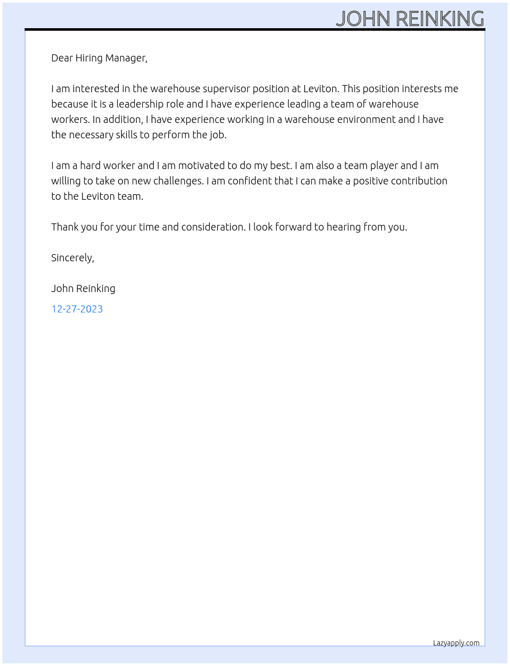 warehouse supervisor At Leviton Cover Letter