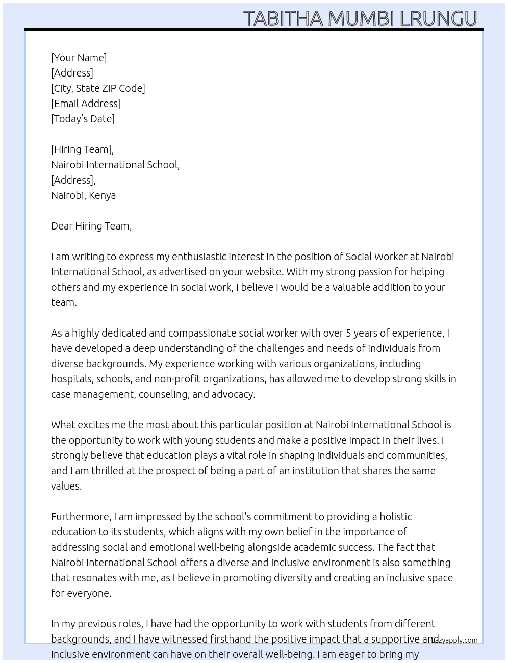 Social worker  At Nairobi international school  Cover Letter