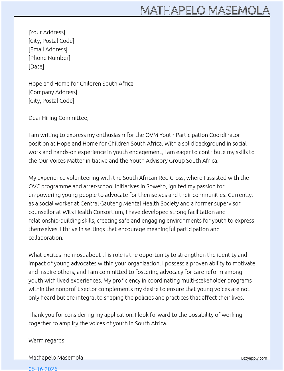 OVC youth participation coordinator  At Hope and home for children South Africa  Cover Letter