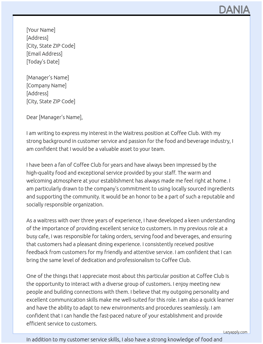Waitress  At Coffee Club  Cover Letter