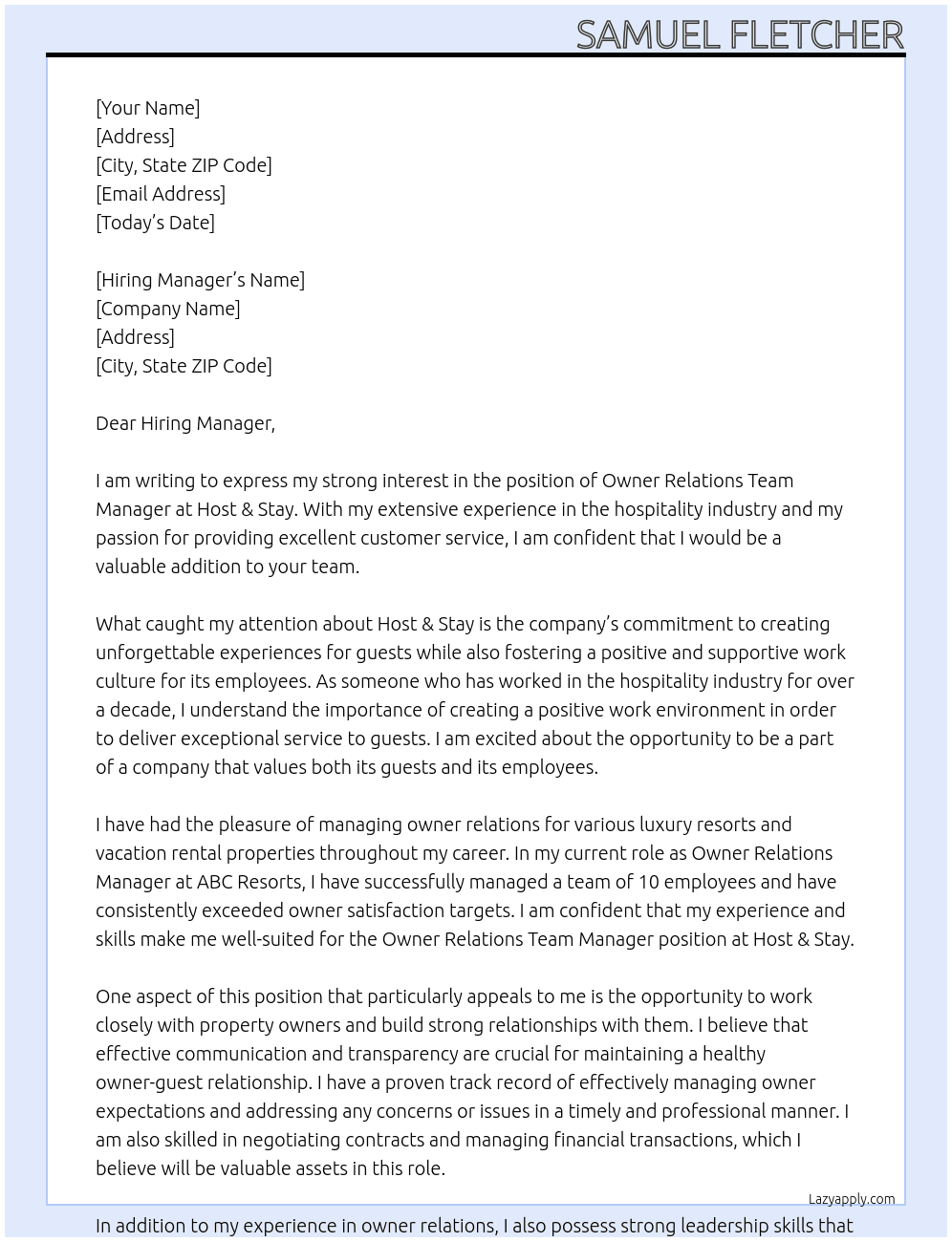Owner Relations Team Manager At Host & Stay Cover Letter