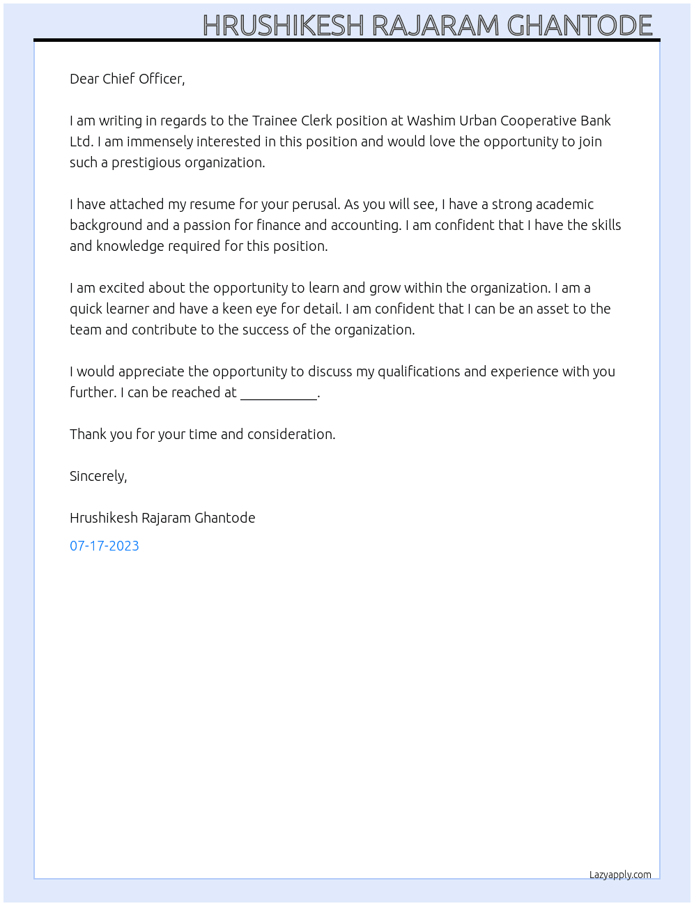 Trainee Clerk At Washim Urban Cooperative Bank Ltd., Washim Cover Letter