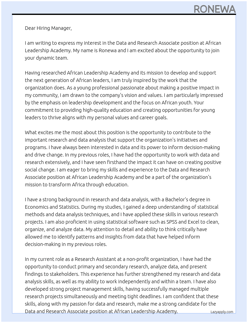 Data and Research Associate At African leadership academy Cover Letter