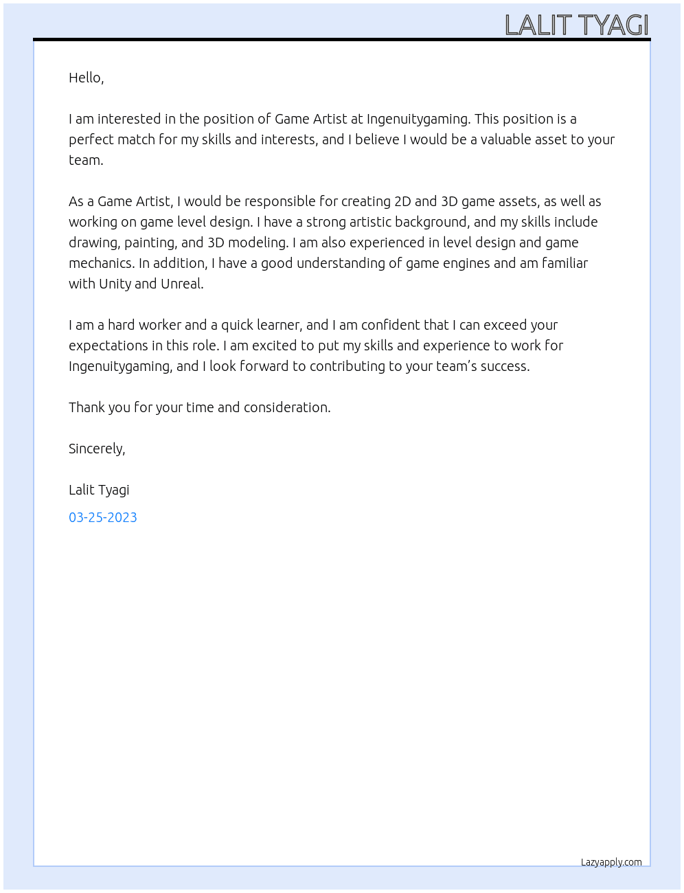 Game Artist At ingenuitygaming Cover Letter