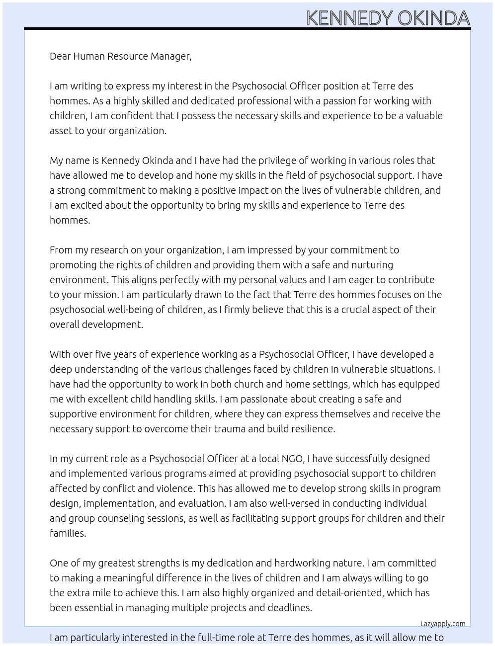 Psychosocial Officer At Terre des hommes Cover Letter