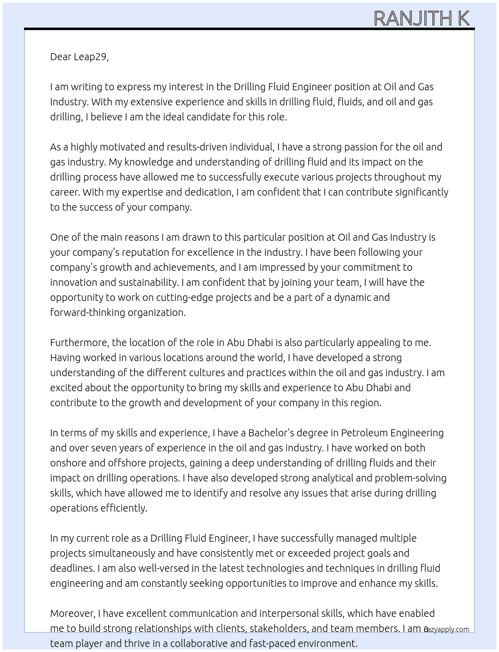 Drilling fluid Engineer  At Oil and gas industry  Cover Letter