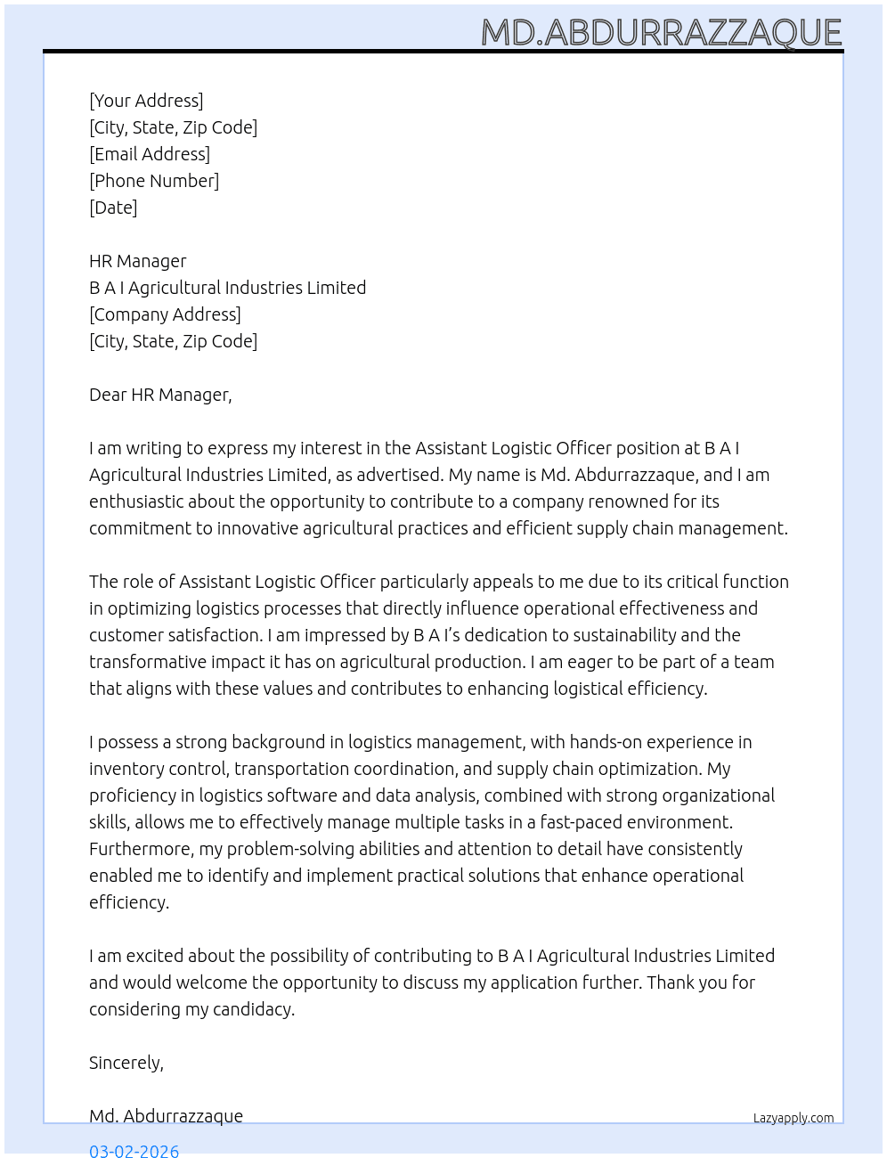 assistant logistic officer At B A I Agricultral industries limited Cover Letter