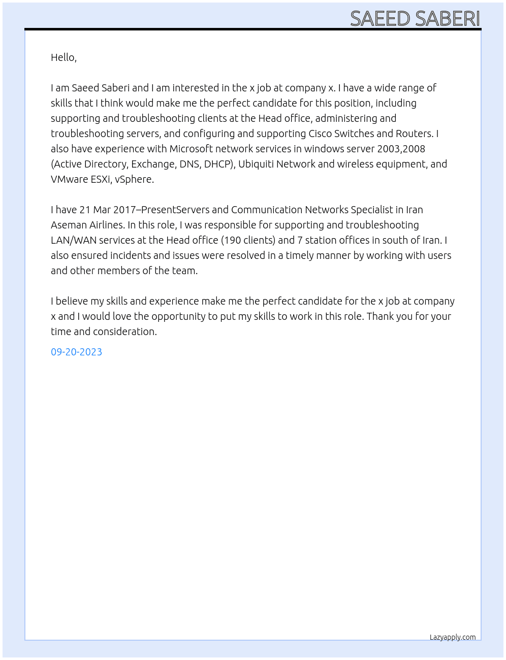 x job At company x Cover Letter