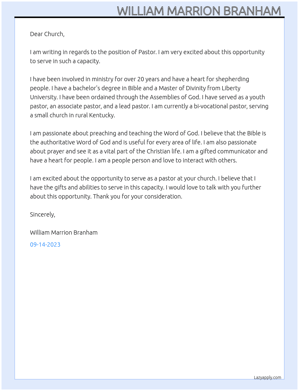 Pastor  At Church Cover Letter