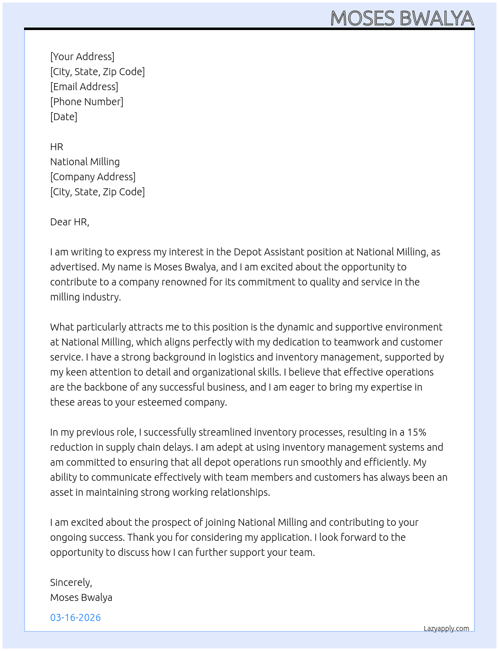 Depot Assistant At National Milling Cover Letter