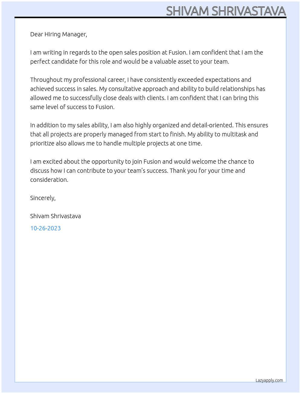 sales  At fusion Cover Letter