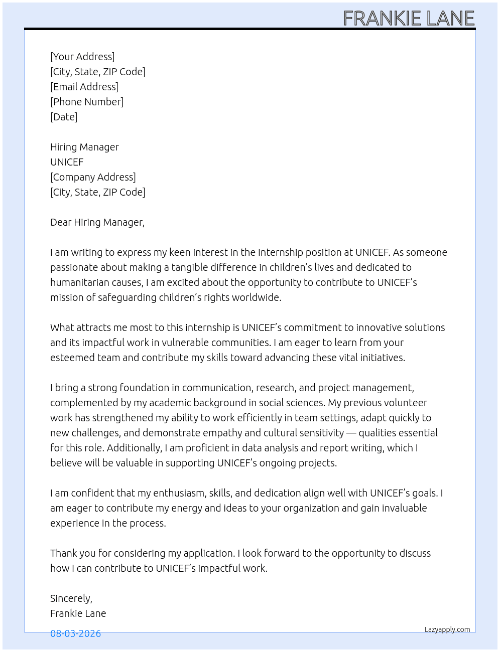 Cover letter for internship - LazyApply