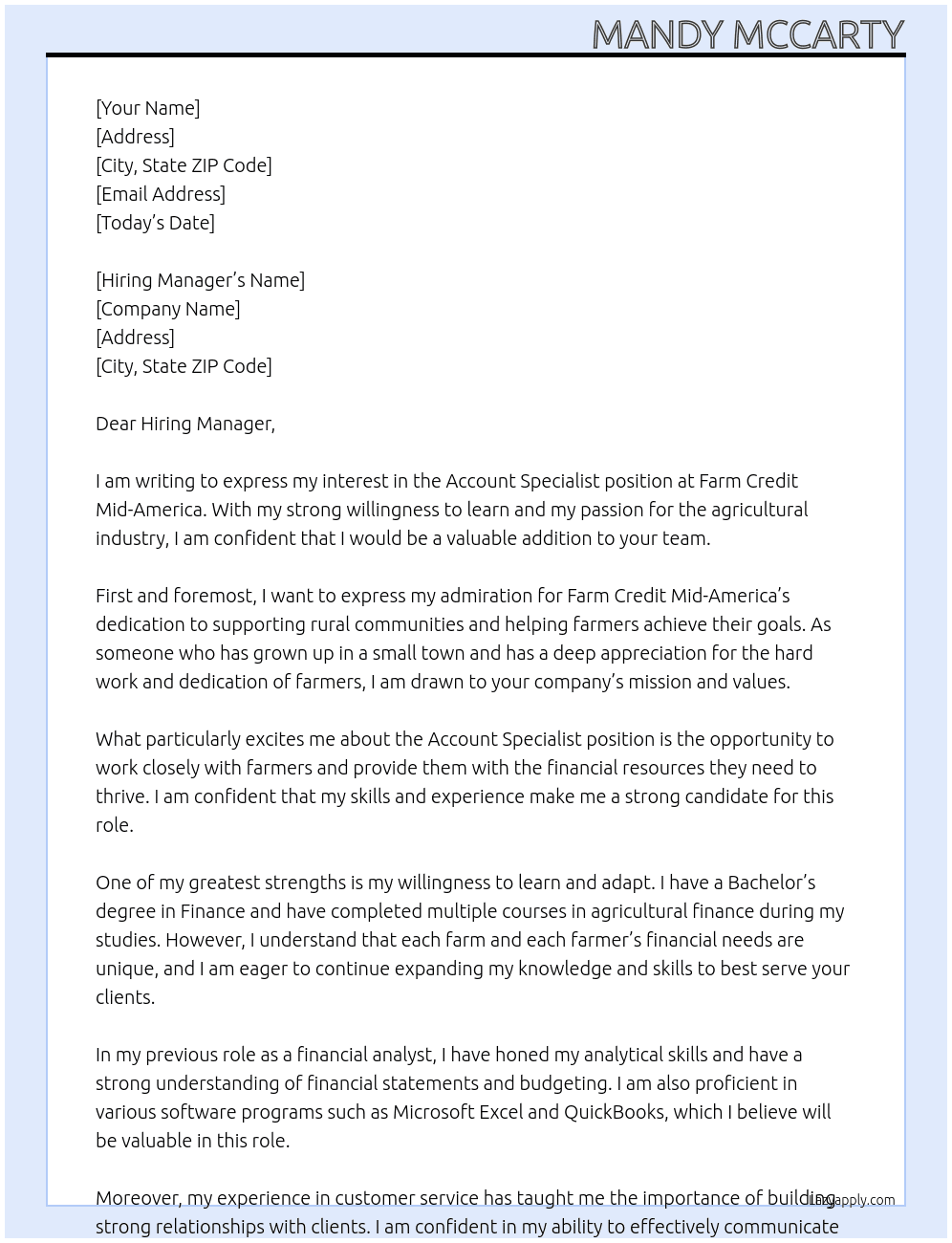 Account specialists  At Farm credit  mid- America  Cover Letter