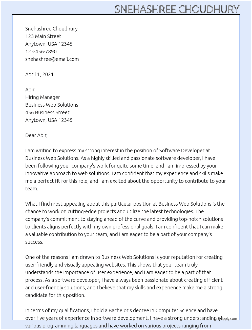Software developer At  Business Web Solutions Cover Letter