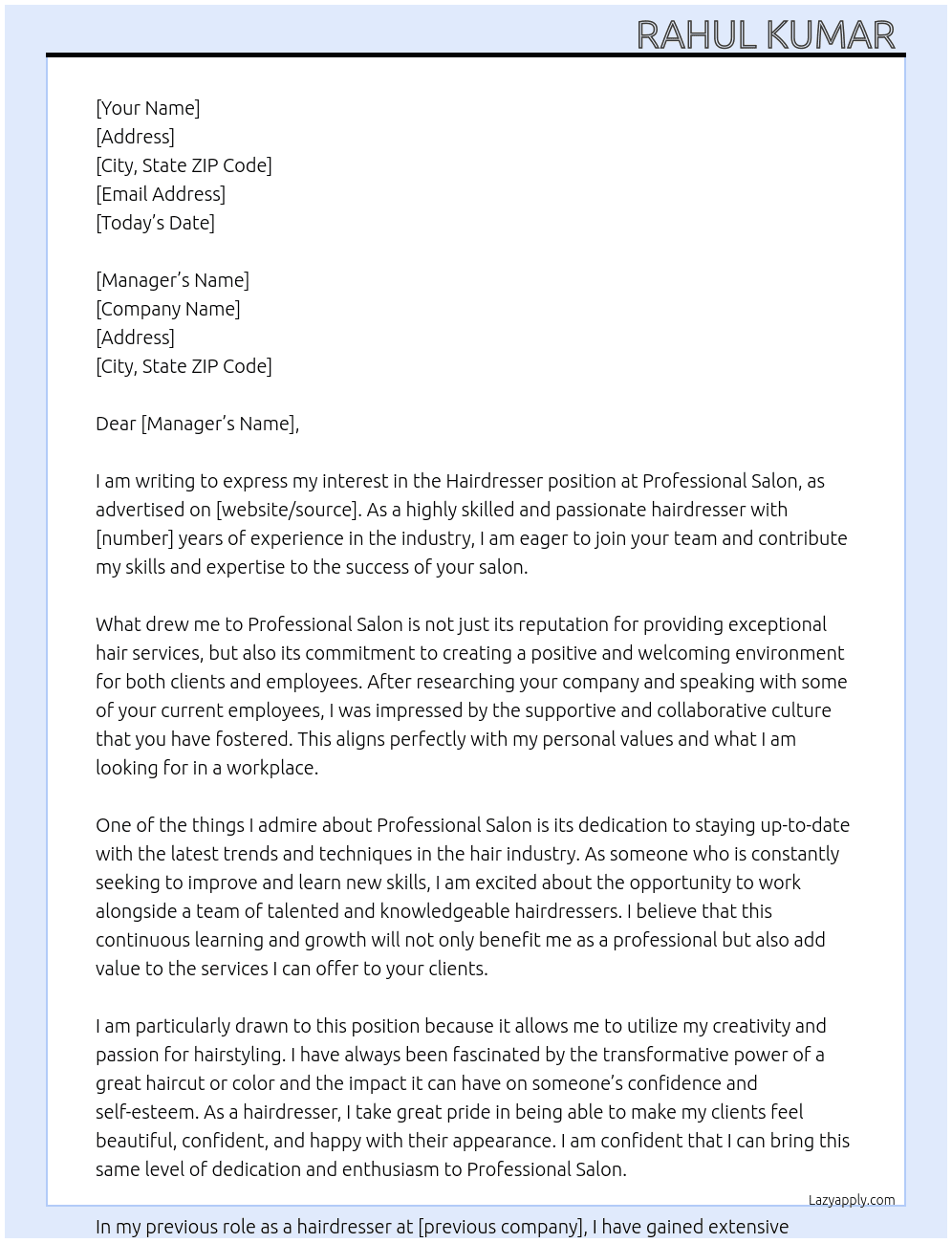 Hairdresser At Professional salon Cover Letter