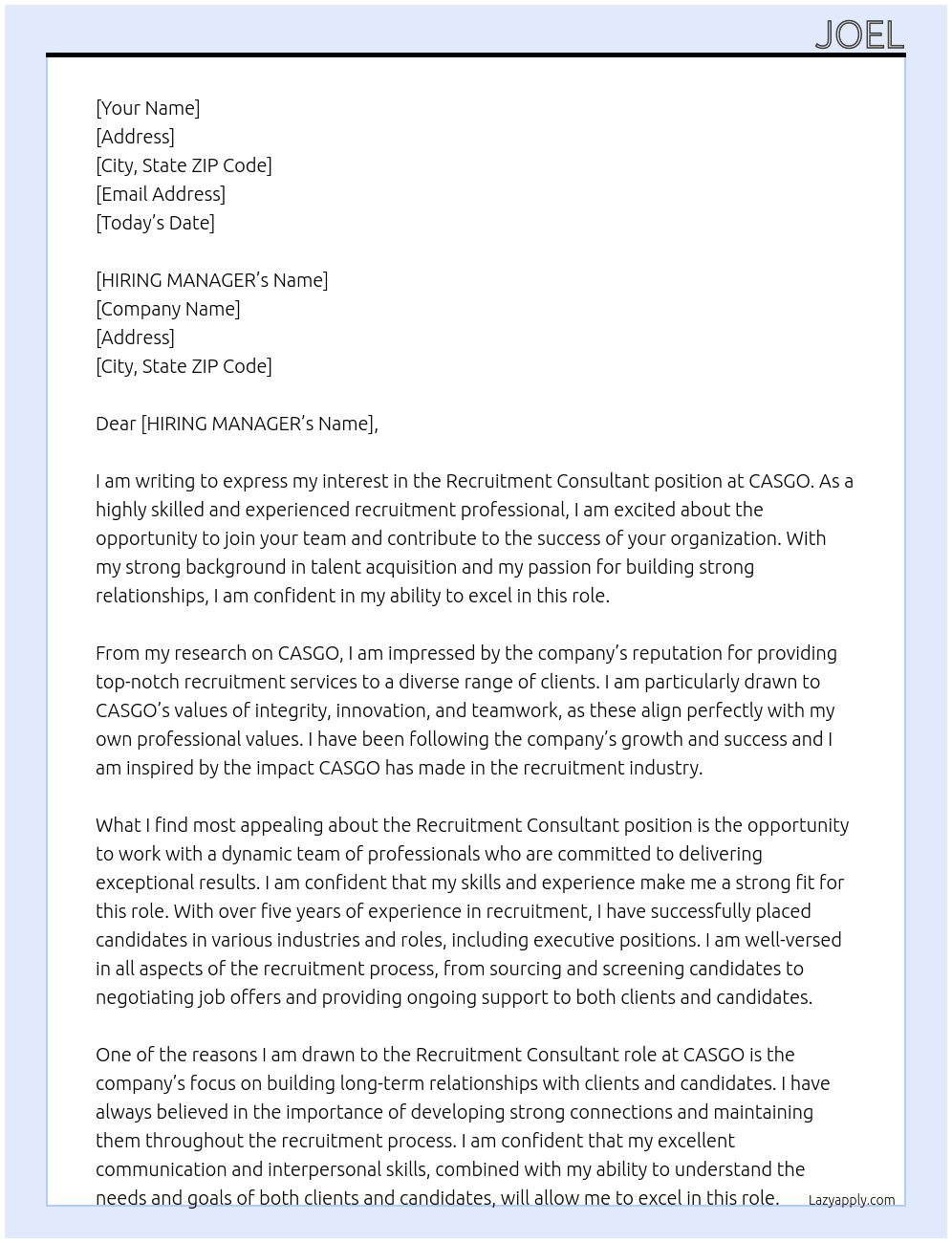 RECRUITMENT CONSULTANT At CASGO Cover Letter