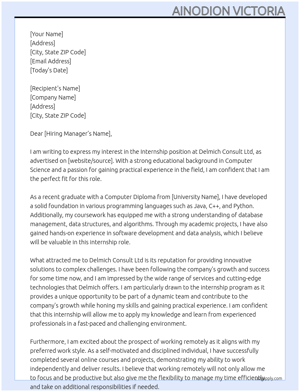 An intern  At Delmich consult ltd Cover Letter