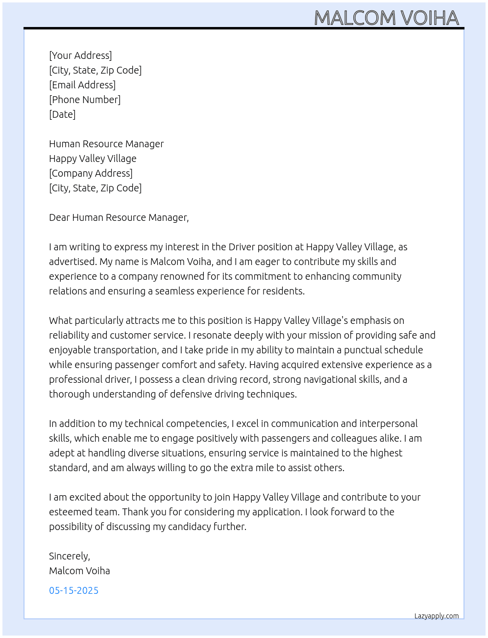 Driver position  At Happy Valley village  Cover Letter