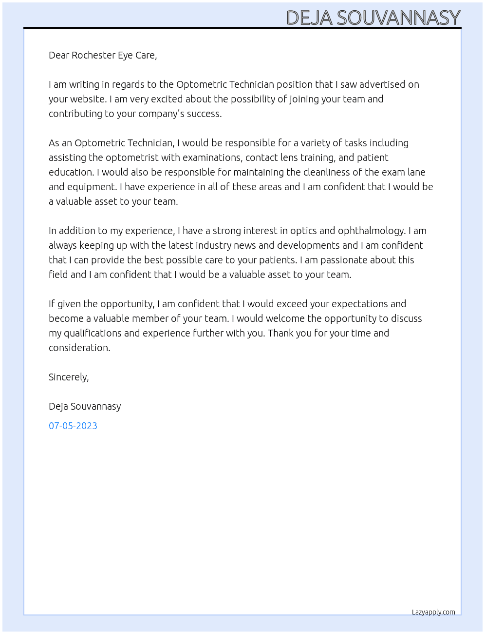 Optometric Technician At Rochester Eye Care Cover Letter