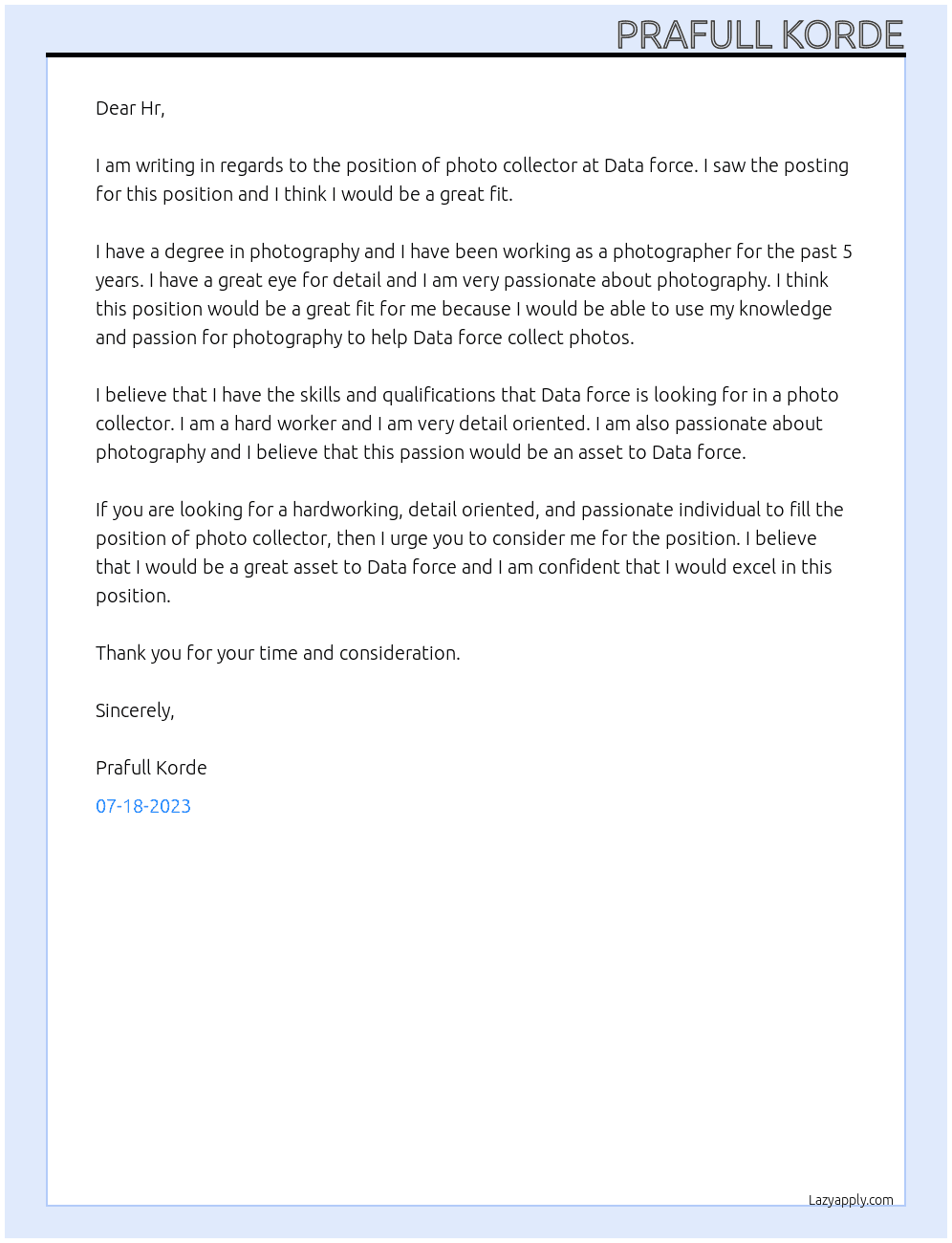 Photo collector At Data force Cover Letter