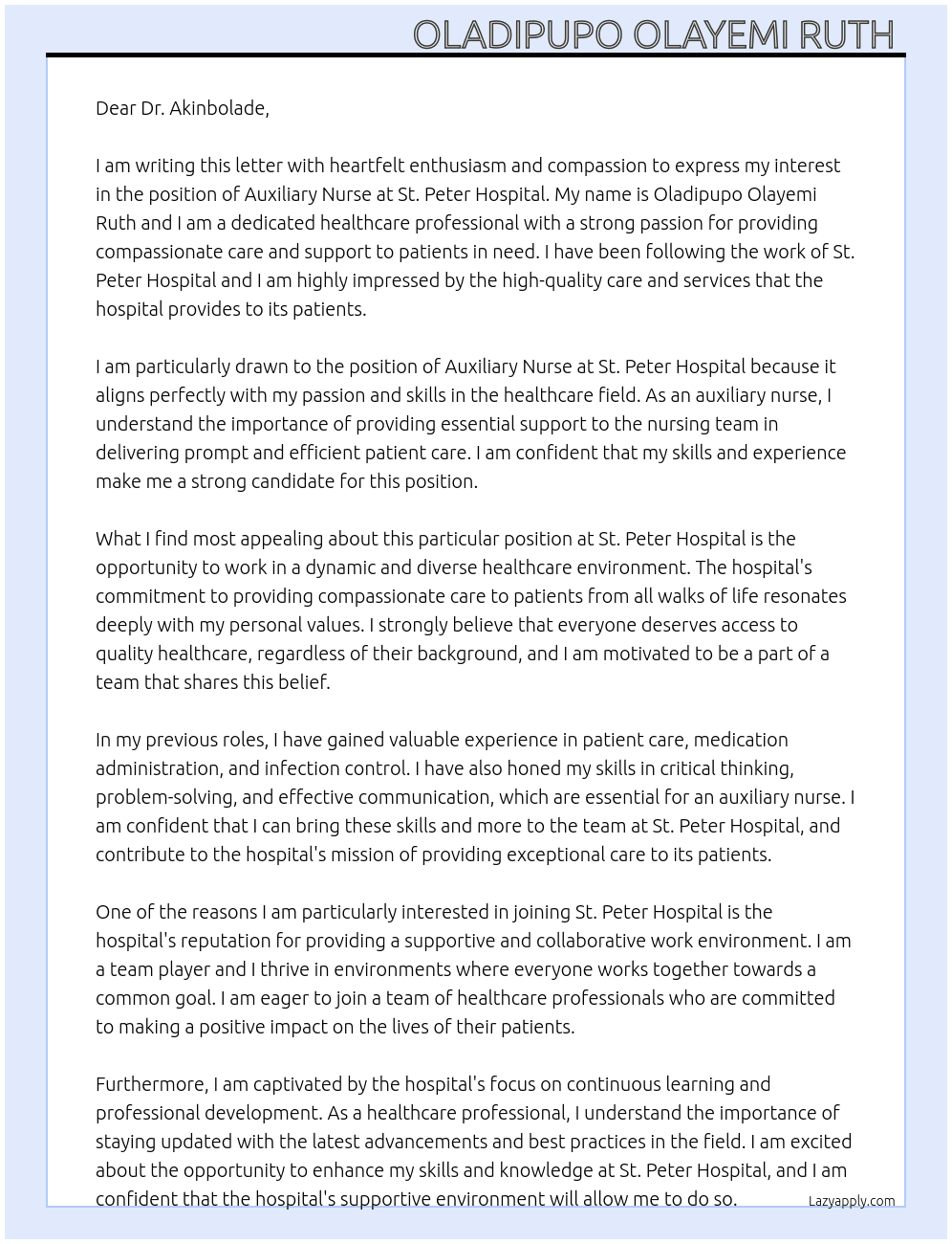 Auxiliary nurse  At St peter hospital  Cover Letter