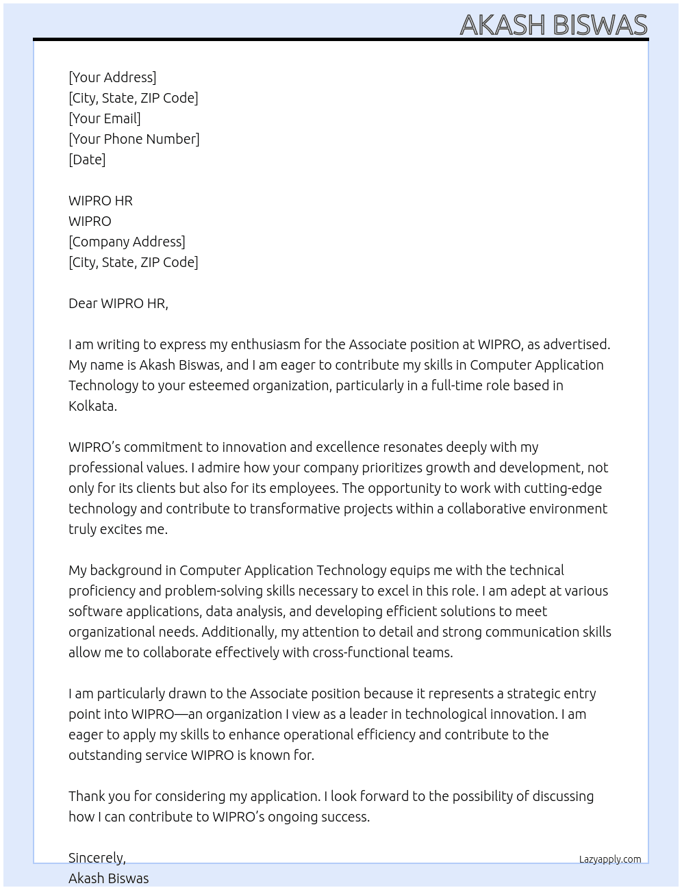 Associate At WIPRO Cover Letter
