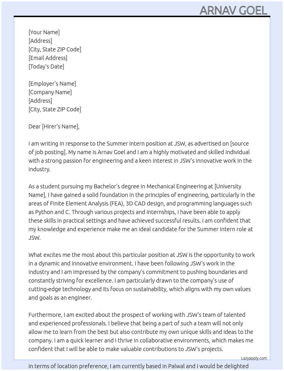 Summer Intern At JSW Cover Letter