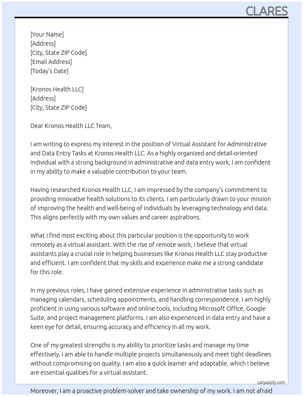 Virtual Assistant for Administrative and Data Entry Tasks At  Kronos Health LLC, Cover Letter