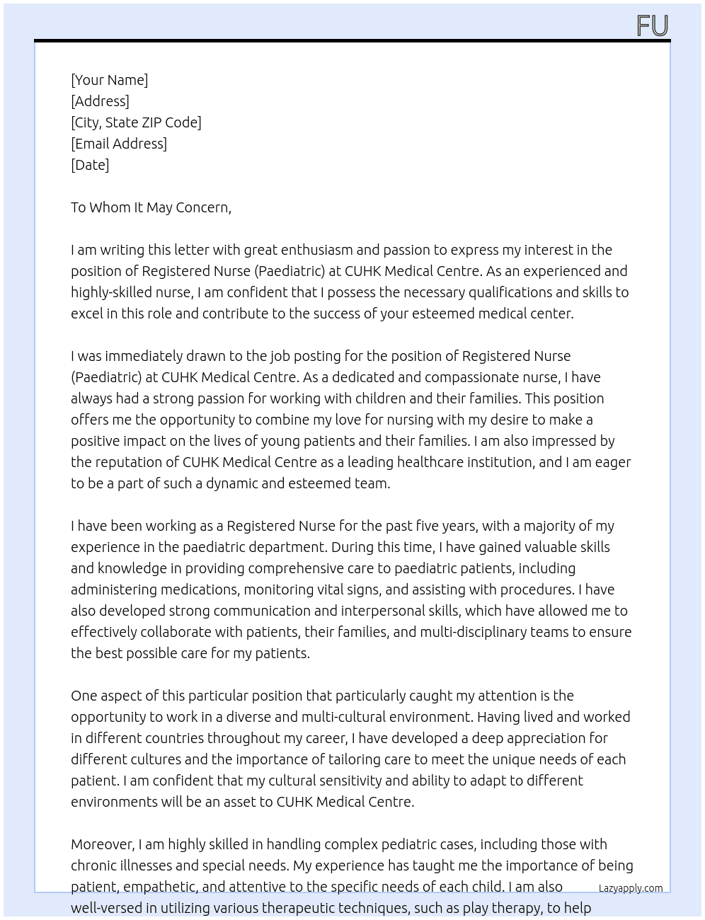 Registered Nurse (Paediatric) At CUHK Medical Centre Cover Letter