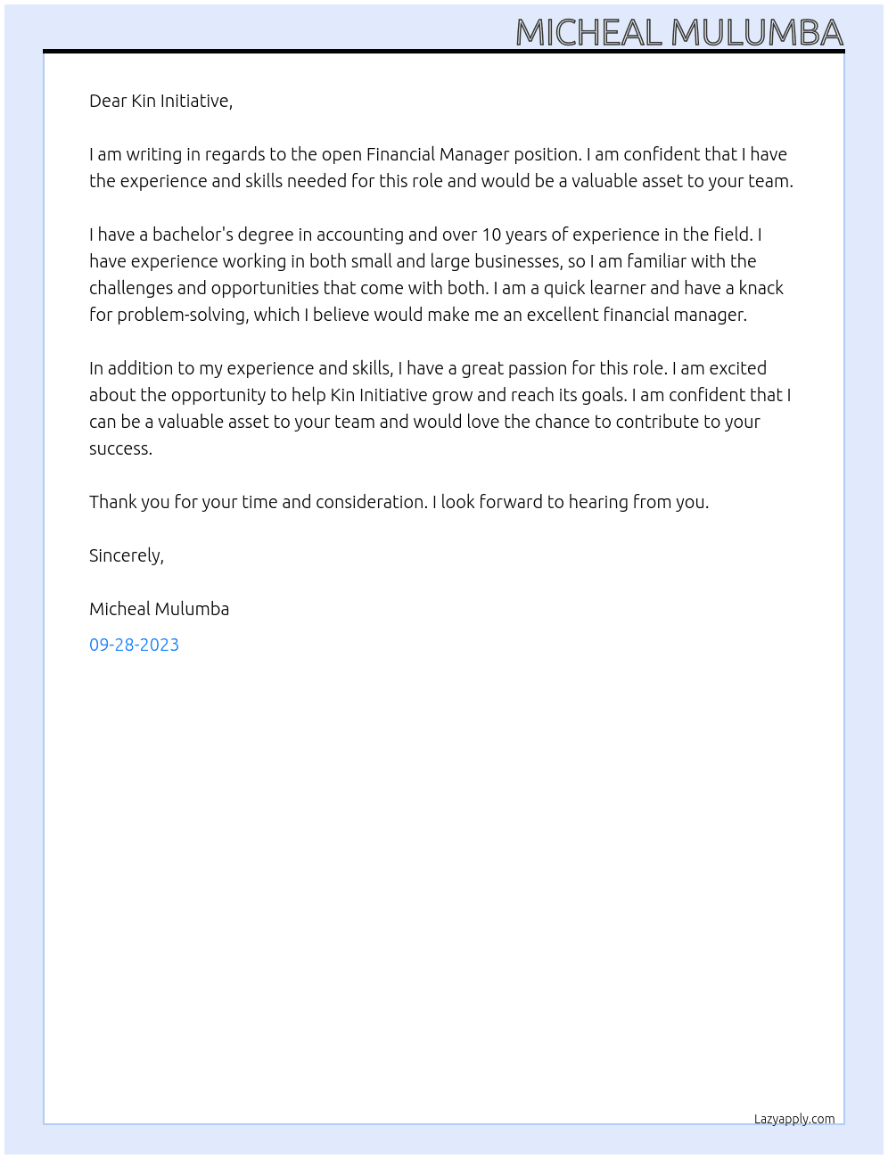 Financial Manager At Kin Initiative  Cover Letter