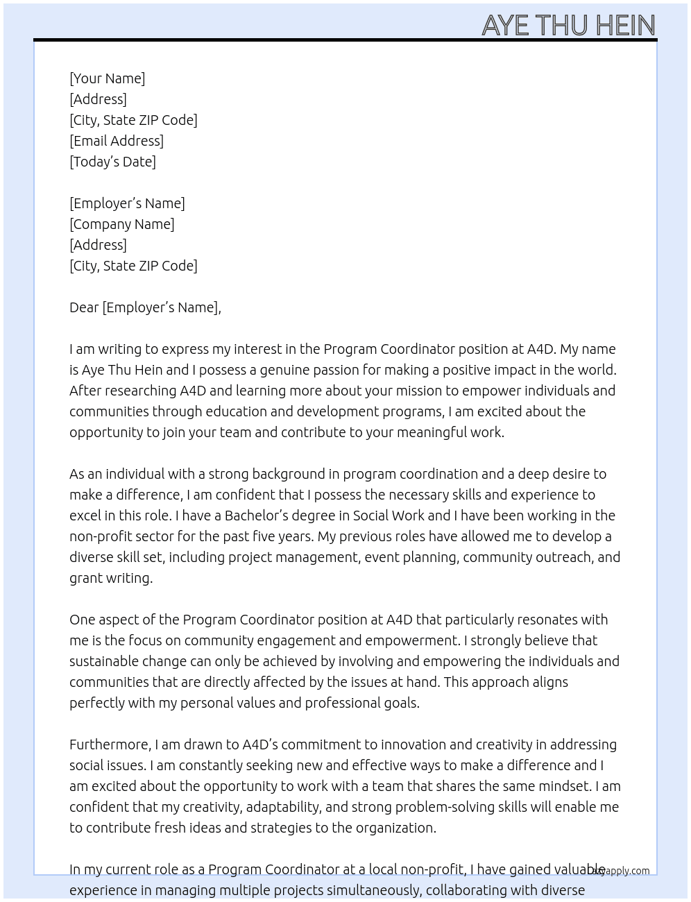 Program coordinator At A4D Cover Letter