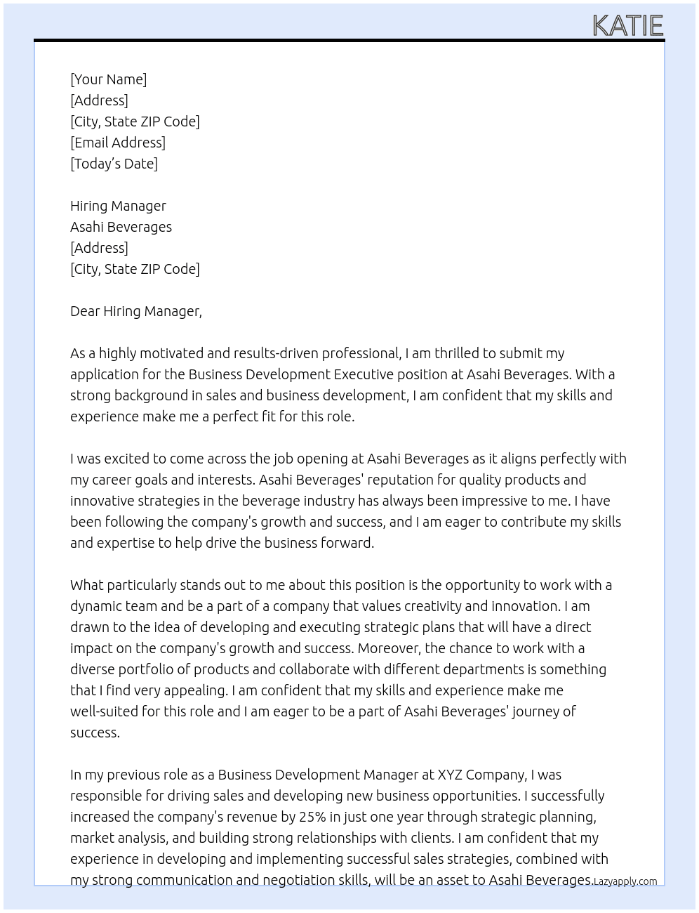Business Development Executive At Asahi Beverages Cover Letter