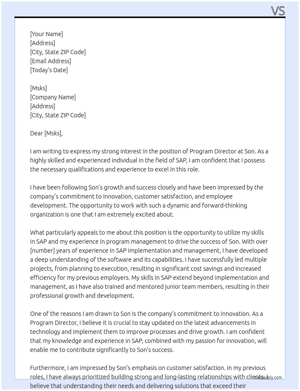 Program director At Son Cover Letter