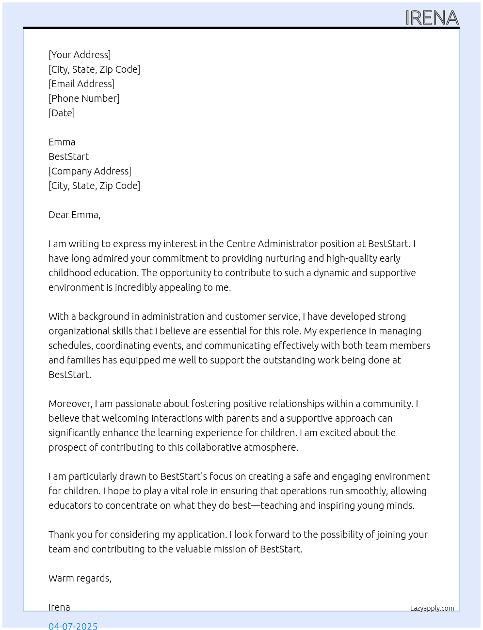 Centre administator At BestStart Cover Letter