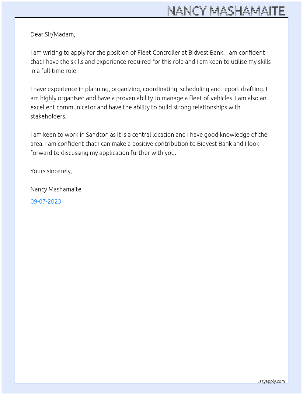 Fleet controller At Bidvest Bank  Cover Letter