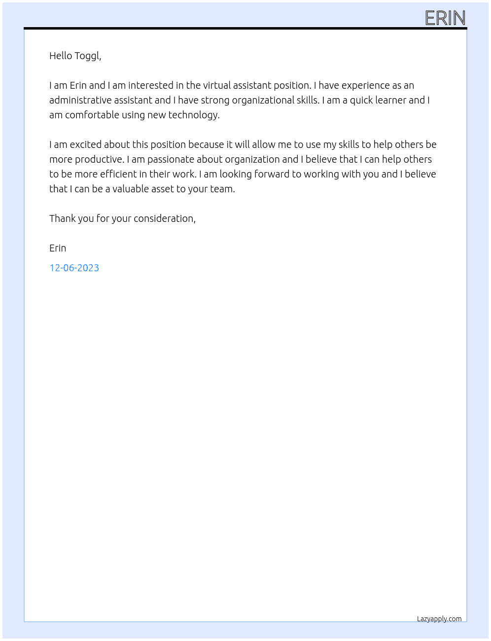 virtual assistant  At toggl Cover Letter