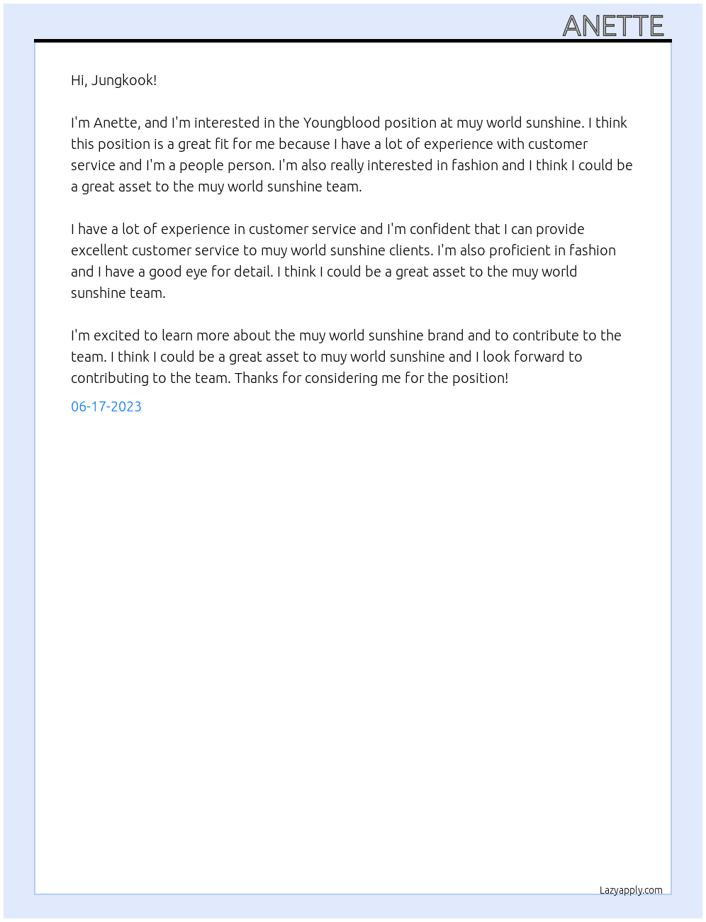 Youngblood At muy world sunshine  Cover Letter