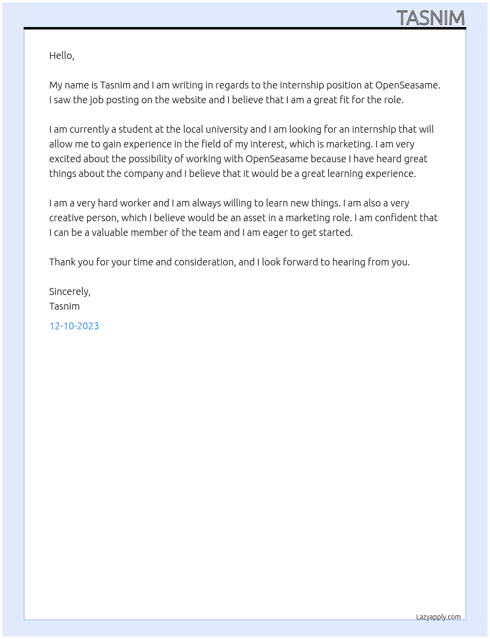 Intern At OpenSeasame Cover Letter