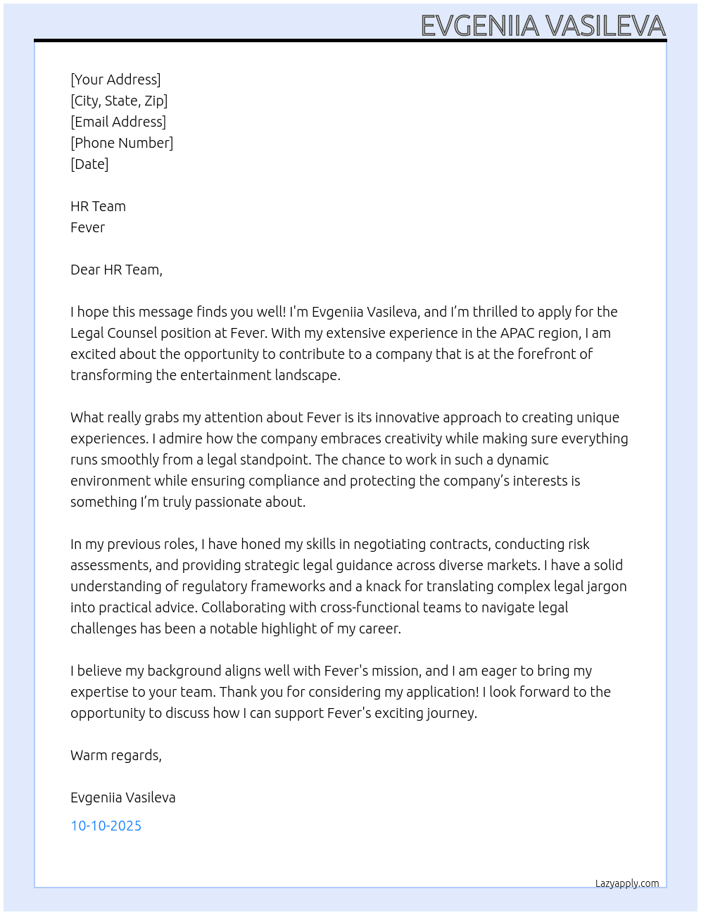Legal Counsel (experience in APAC) At  Fever Cover Letter