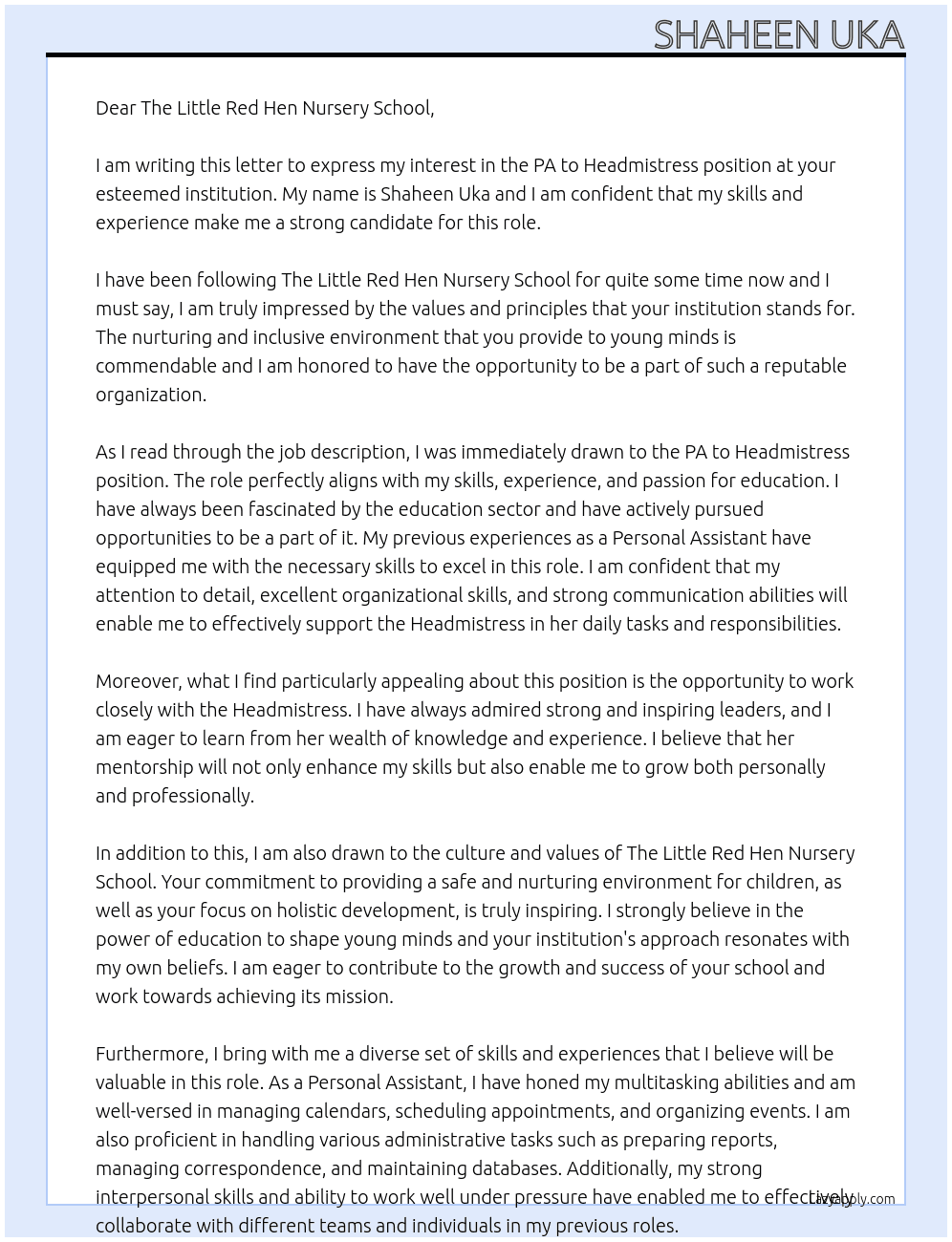 PA to Headmistress At The Little Red Hen Nursery School Cover Letter
