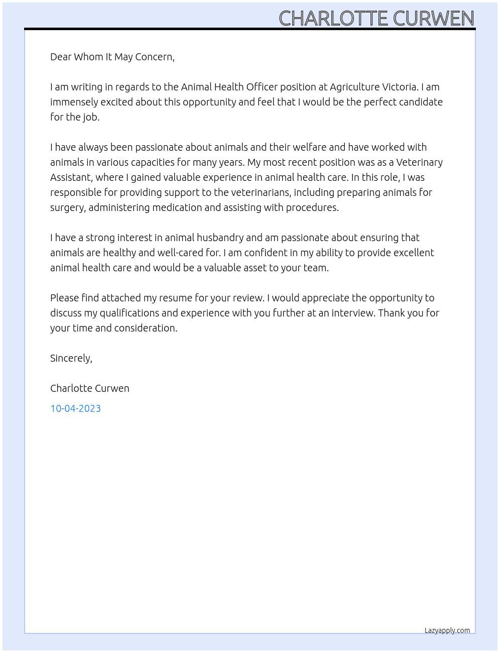 Animal Health Officer At Agriculture Victoria Cover Letter