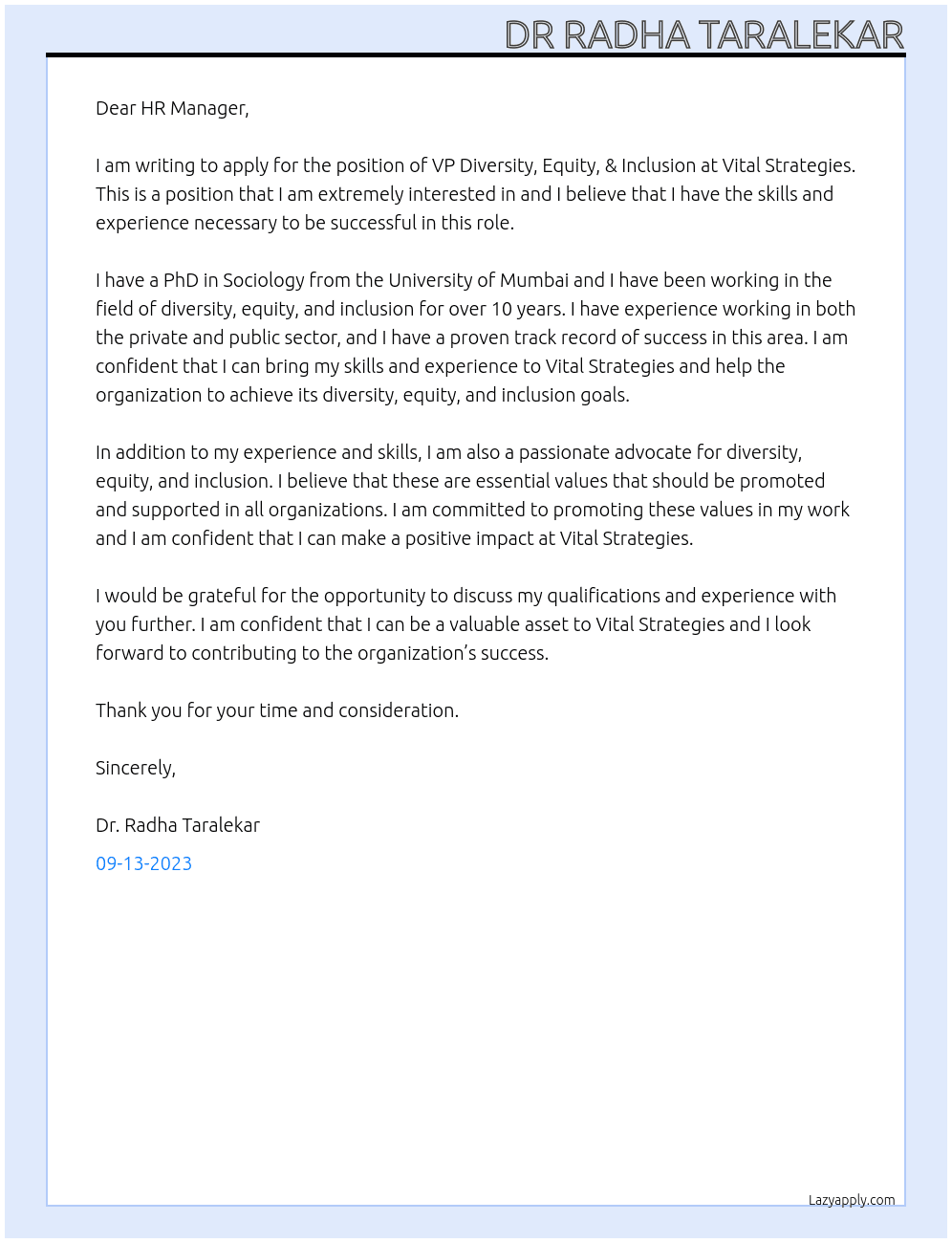 VP Diversity, Equity, & Inclusion At Vital Strategies Cover Letter