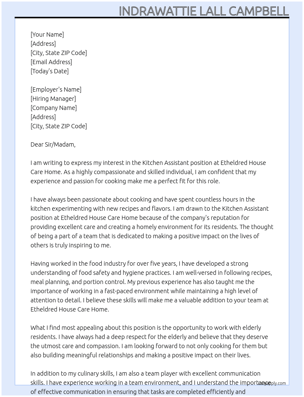 Kitchen Assistant At Etheldred House Care Home Cover Letter