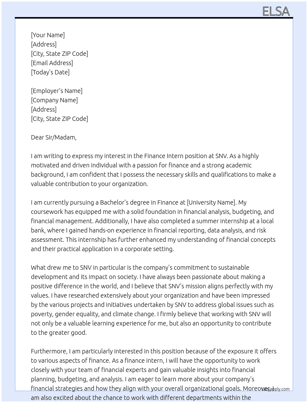 Finance intern At SNV Cover Letter