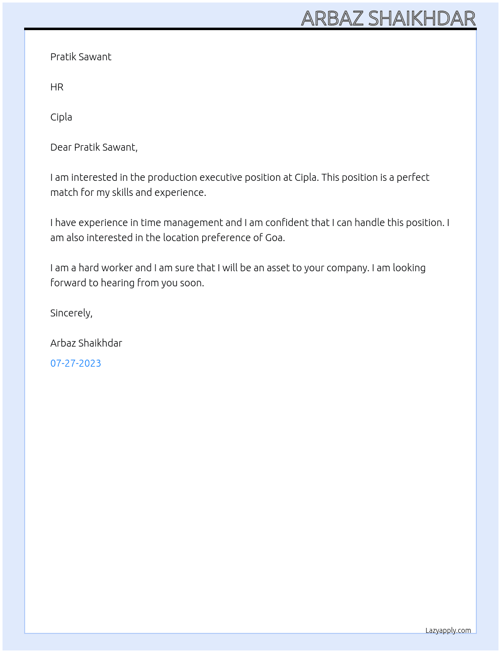 Production executive  At Cipla Cover Letter